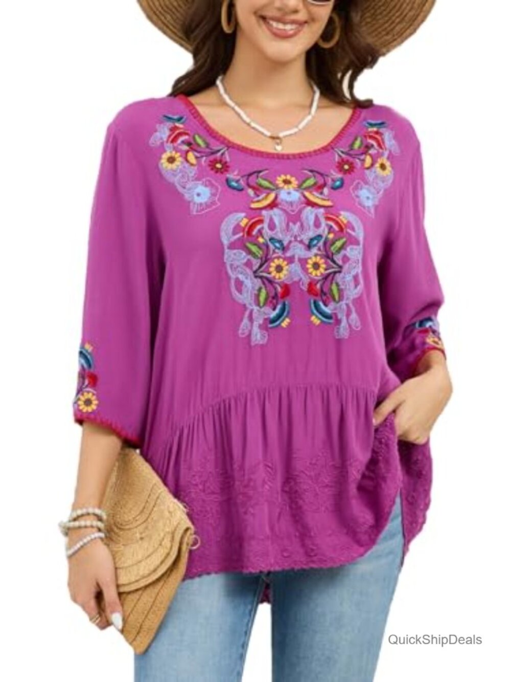Embroidered Peasant Top 3/4 Sleeve Cotton Tunic Blouse Loose Fit